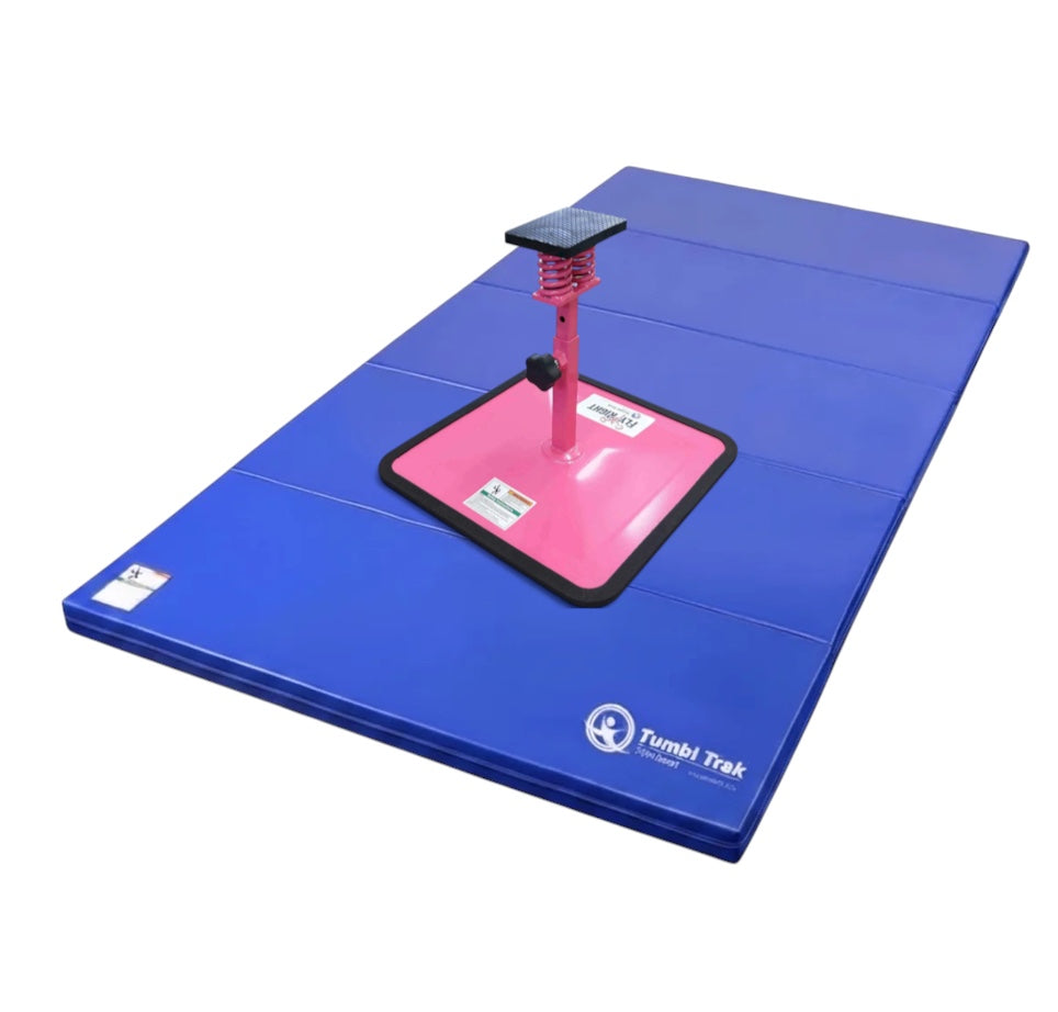UK Gym Pits Flyers Dream Package featuring a pink Fly Right stunting stand on a blue folding vinyl tumbling mat.