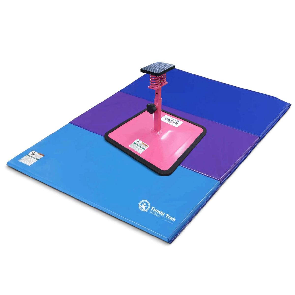 UK Gym Pits Flyers Dream Package featuring a pink Fly Right stunting stand on a blue and purple folding tumbling mat.