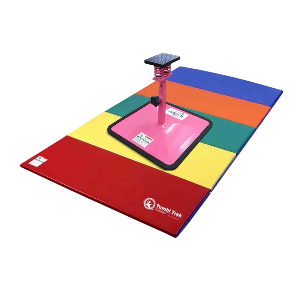 UK Gym Pits Flyers Dream Package featuring a pink Fly Right stunting stand on a multi-coloured folding tumbling mat.