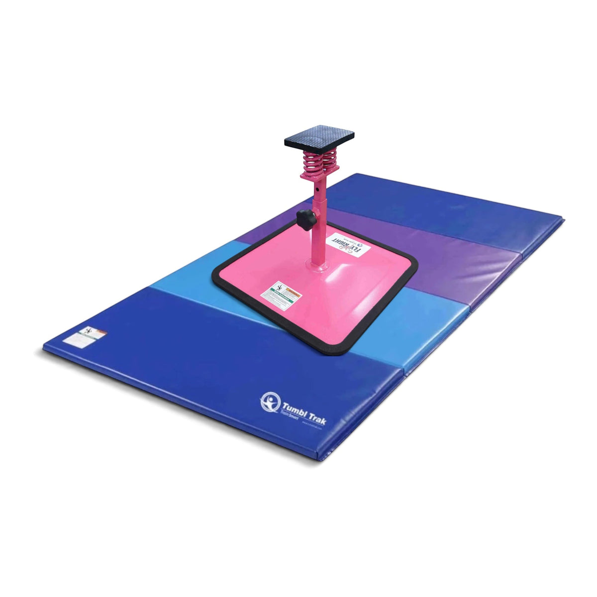 UK Gym Pits Flyers Dream Package featuring a pink Fly Right stunting stand on a blue and purple folding tumbling mat