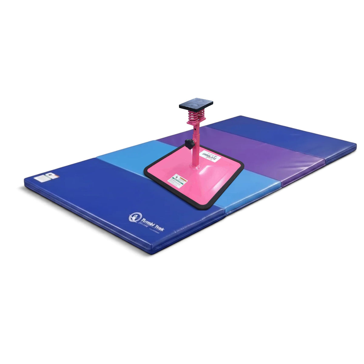 UK Gym Pits Flyers Dream Package featuring a pink Fly Right stunting stand on a blue and purple folding tumbling mat