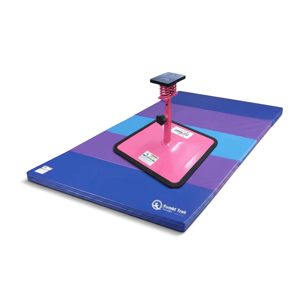 UK Gym Pits Flyers Dream Package featuring a pink Fly Right stunting stand on a multi-coloured folding tumbling mat.