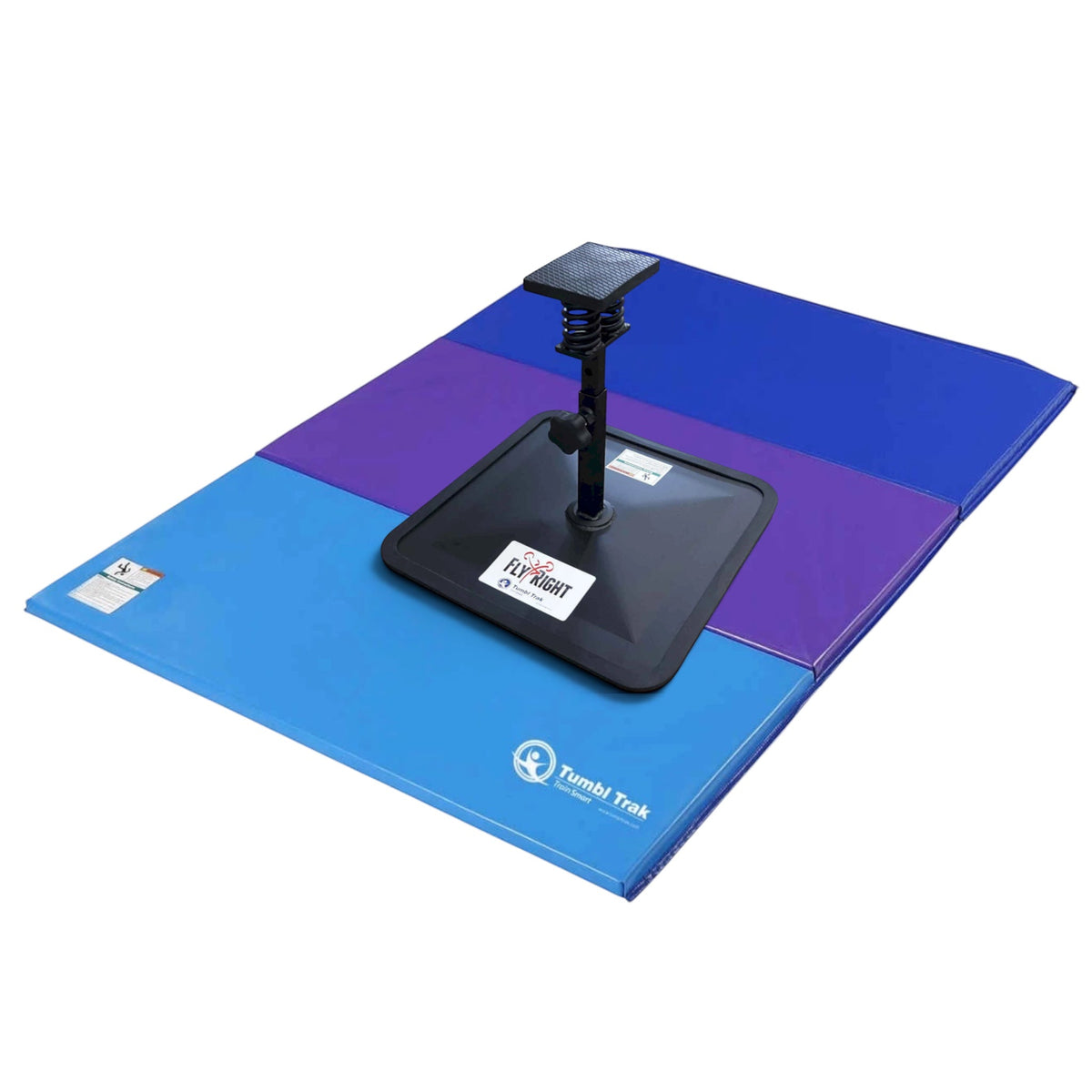 UK Gym Pits Flyers Dream Package featuring a black Fly Right stunting stand on a blue and purple folding tumbling mat