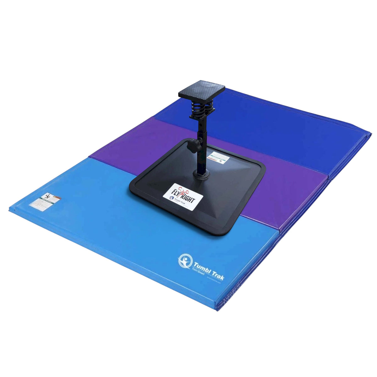 UK Gym Pits Flyers Dream Package featuring a black Fly Right stunting stand on a blue and purple folding tumbling mat