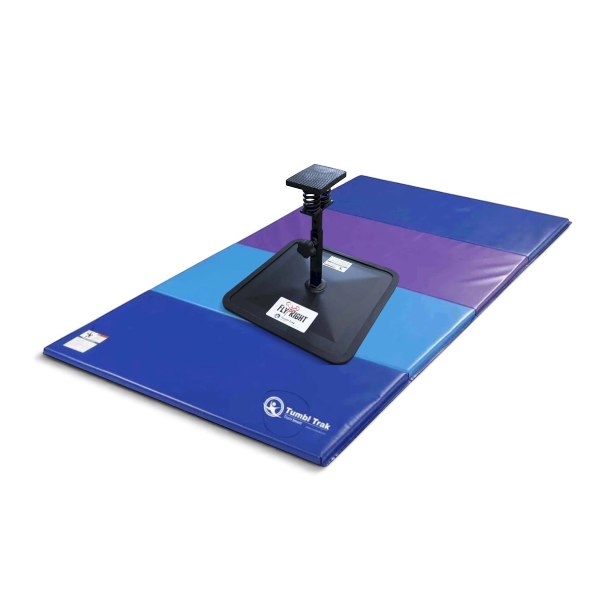 UK Gym Pits Flyers Dream Package featuring a black Fly Right stunting stand on a blue and purple folding tumbling mat.