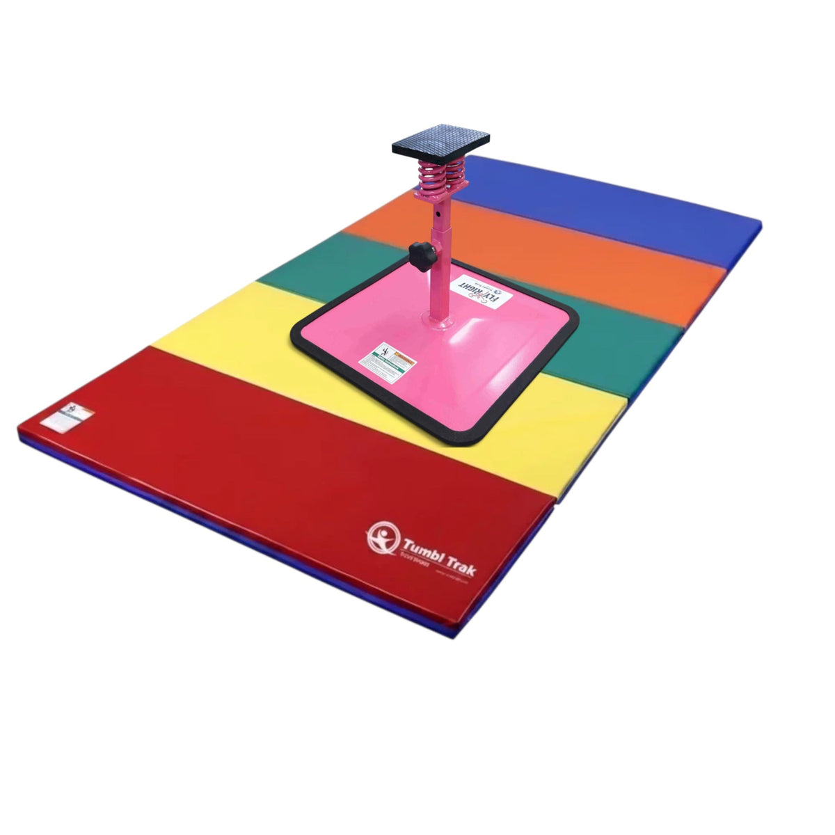 UK Gym Pits Flyers Dream Package with a pink Fly Right stunting stand on a multi-coloured folding tumbling mat