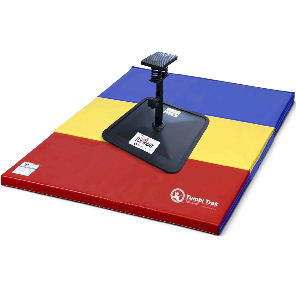 UK Gym Pits Flyers Dream Package featuring a black Fly Right stunting stand on a multi-coloured folding tumbling mat.