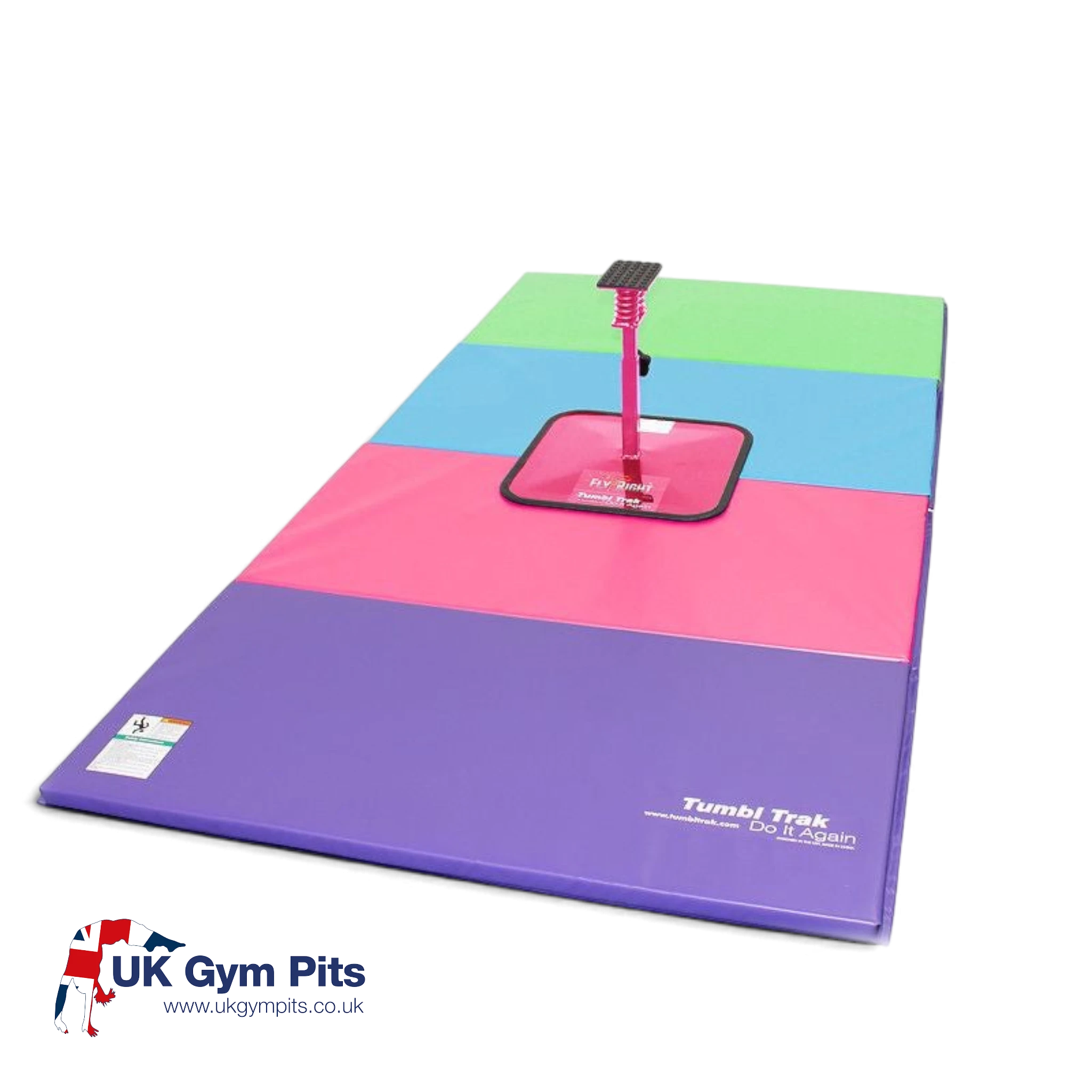 UK Gym Pits Flyers Dream Package featuring a pink Fly Right stunting stand on a multi-coloured folding tumbling mat.