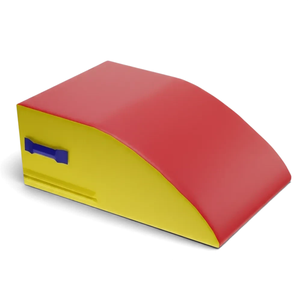 UK Gym Pits foam gymnastics springboard with a red top, yellow sides, and blue carry handles on a white background.