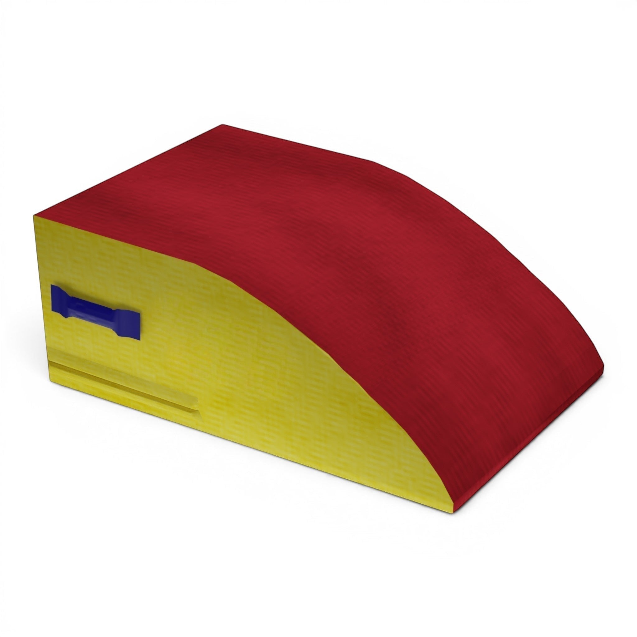UK Gym Pits foam gymnastics springboard with a red top and yellow sides, featuring a blue side carry handle.