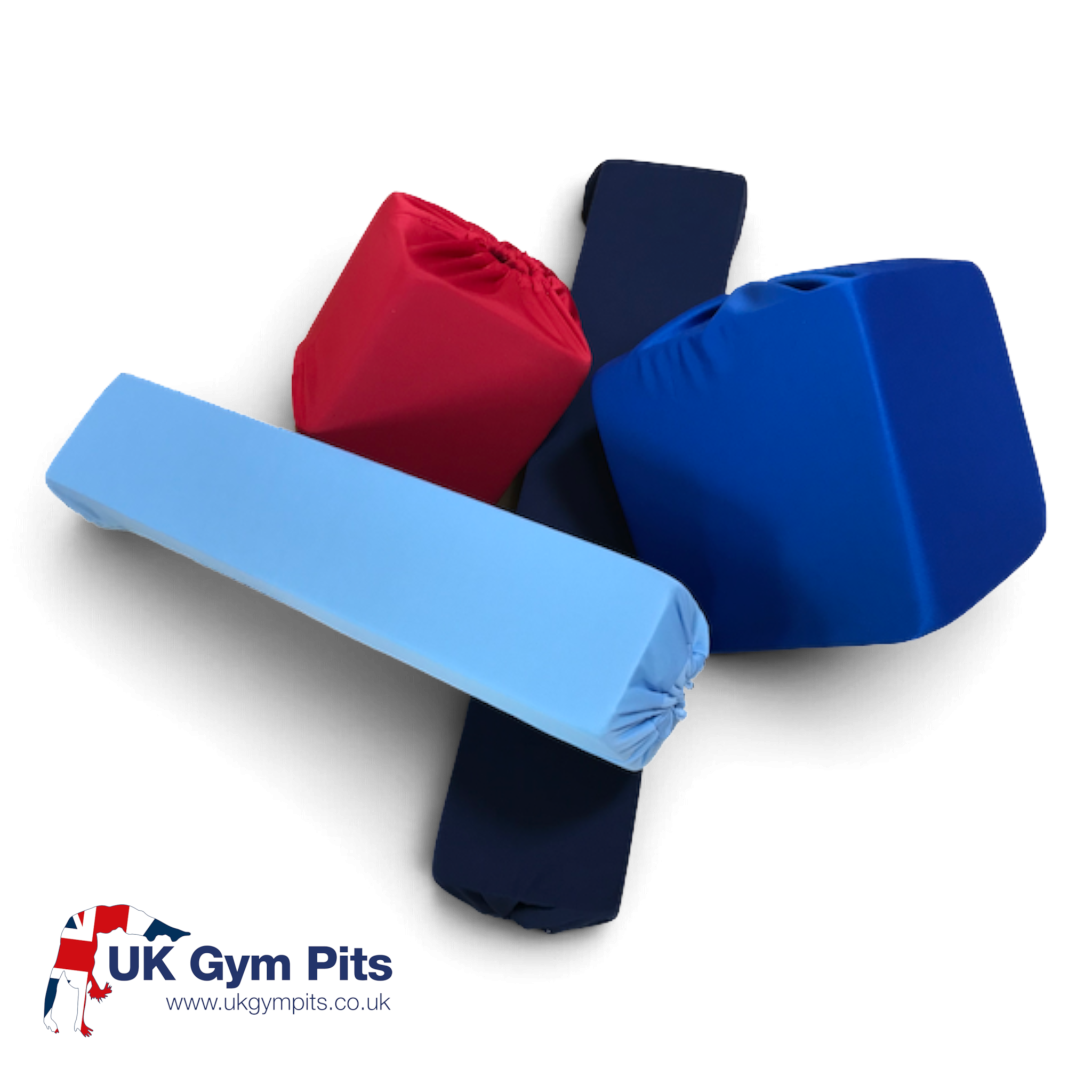 UK Gym Pits fire-retardant polyester foam socks in red, light blue, and dark blue covering gym foam blocks and logs.