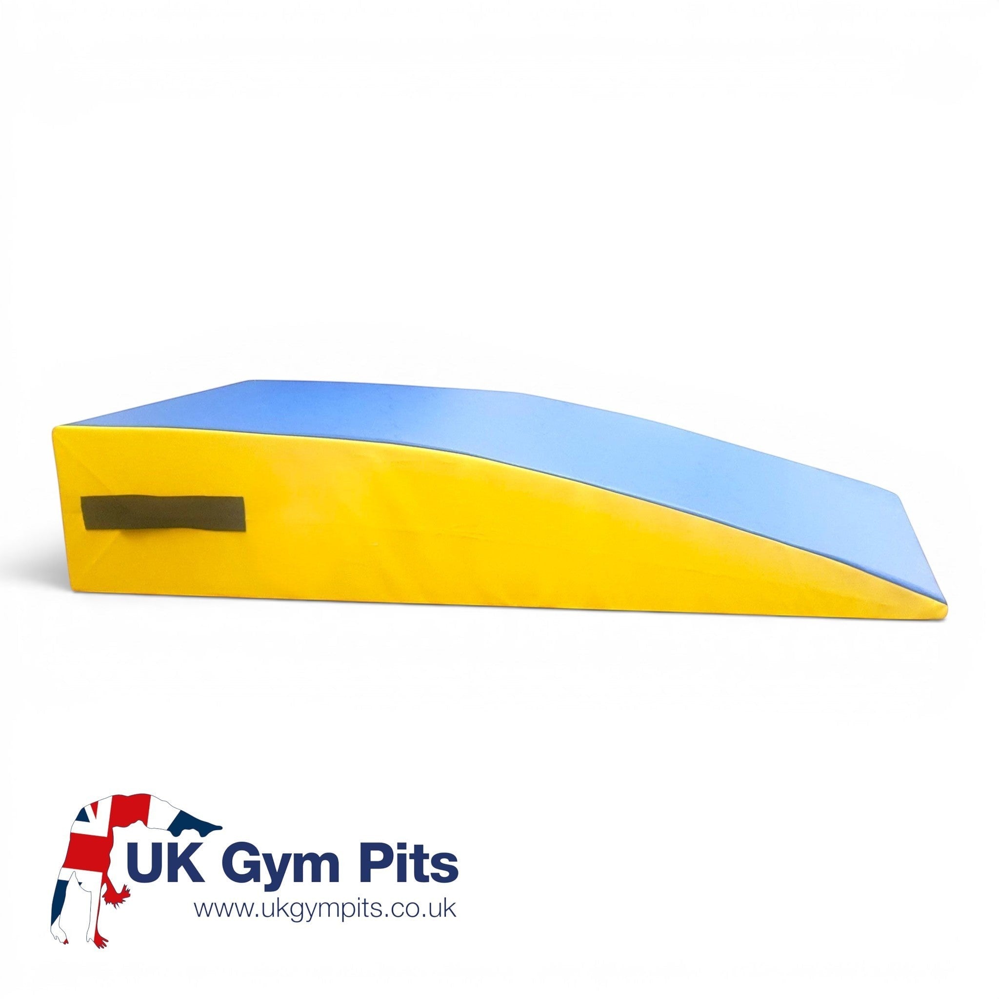 UK Gym Pits foam springboard with blue top and yellow sides, featuring carry handles and a safe PVC surface.
