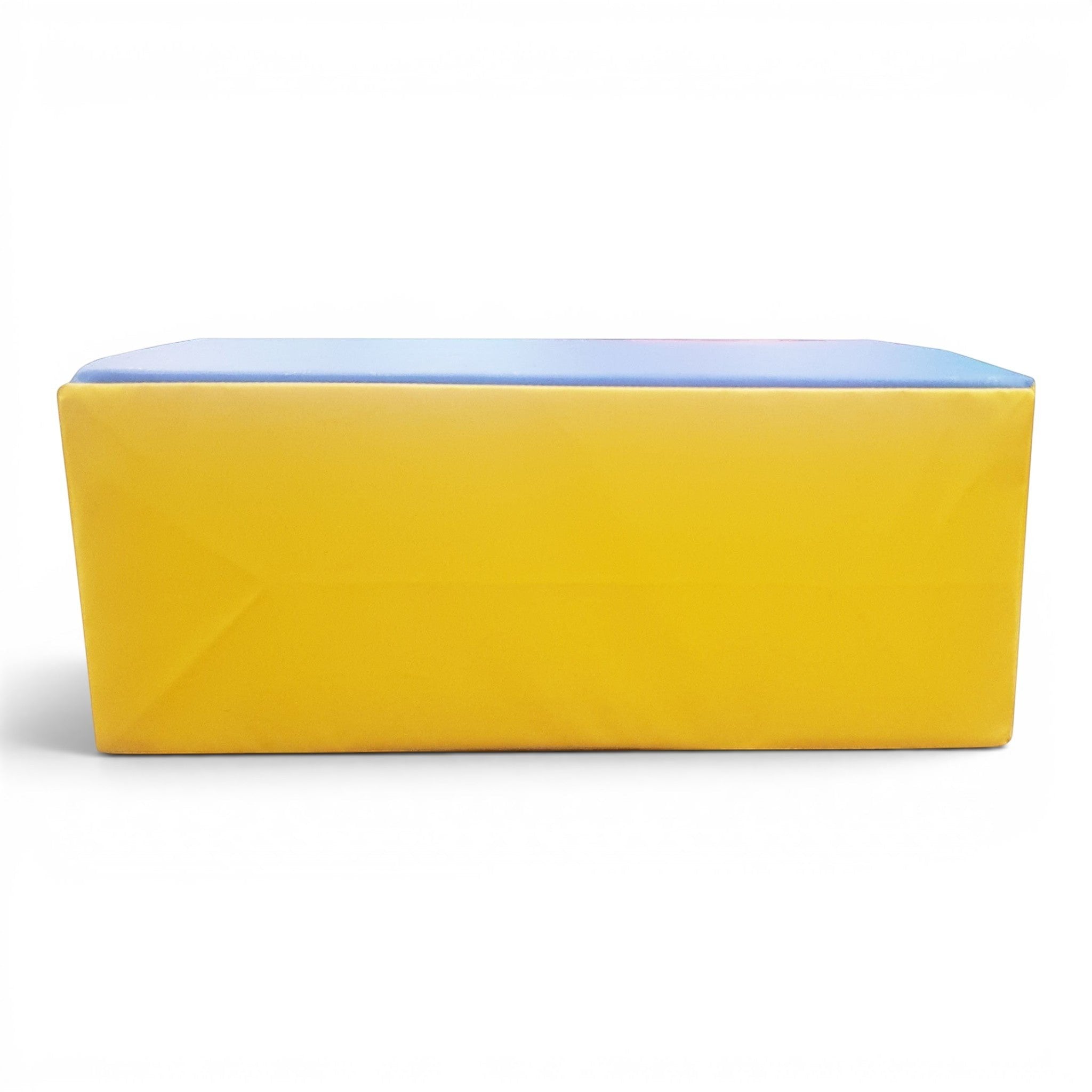 UK Gym Pits foam springboard with a yellow PVC side and light blue top, designed for safe gymnastics training.