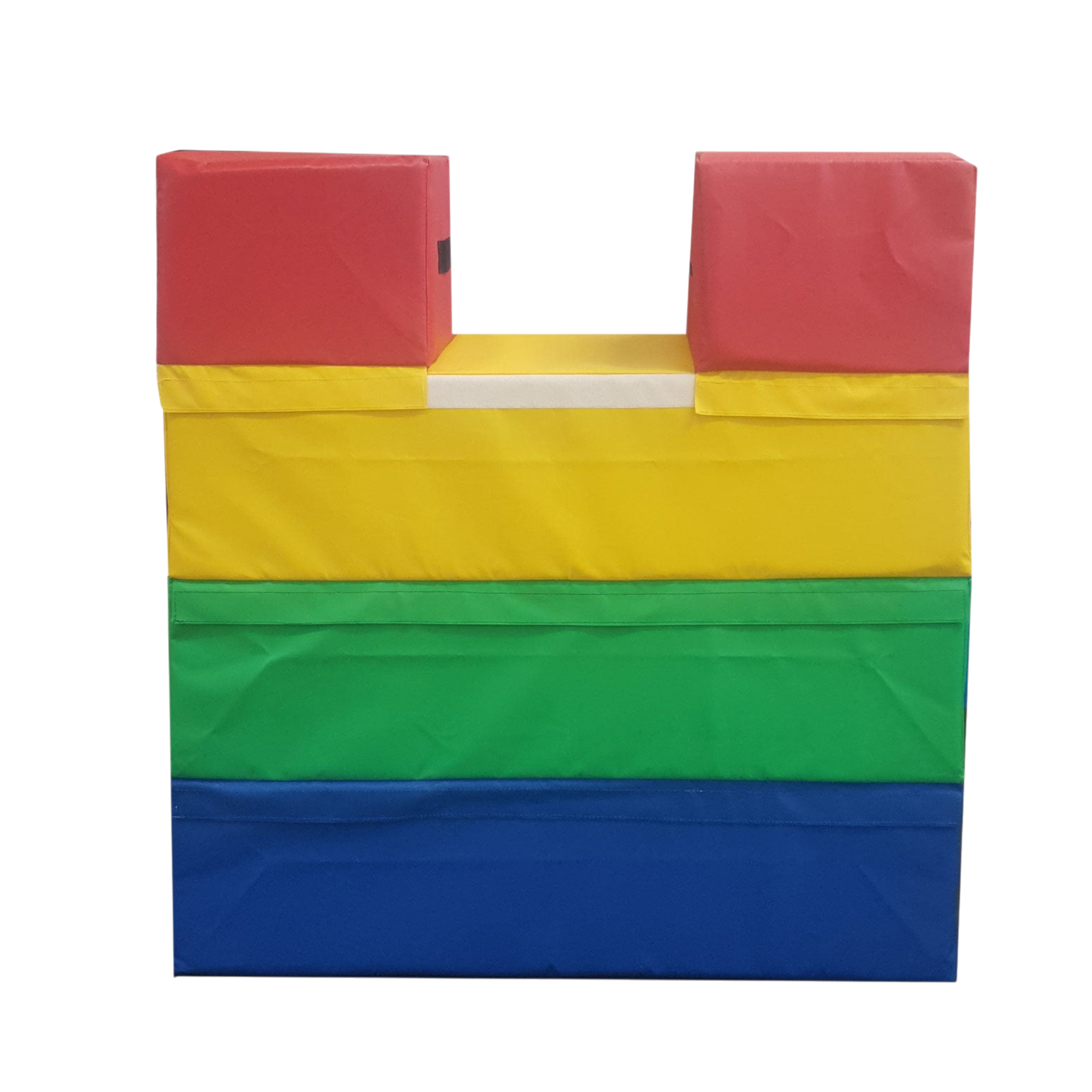 UK Gym Pits 4-tiered foam vault box with a triple-section top for gymnastics training in multi-coloured PVC.
