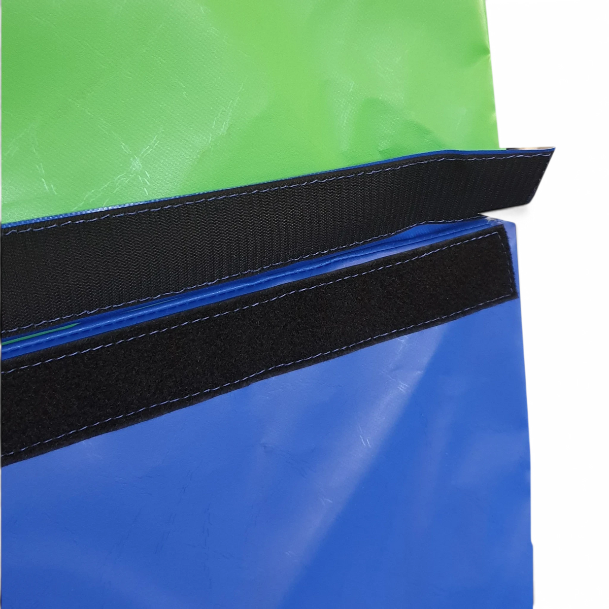UK Gym Pits 3 tiered foam vault box showing green and blue PVC sections connected by heavy duty black Velcro flaps