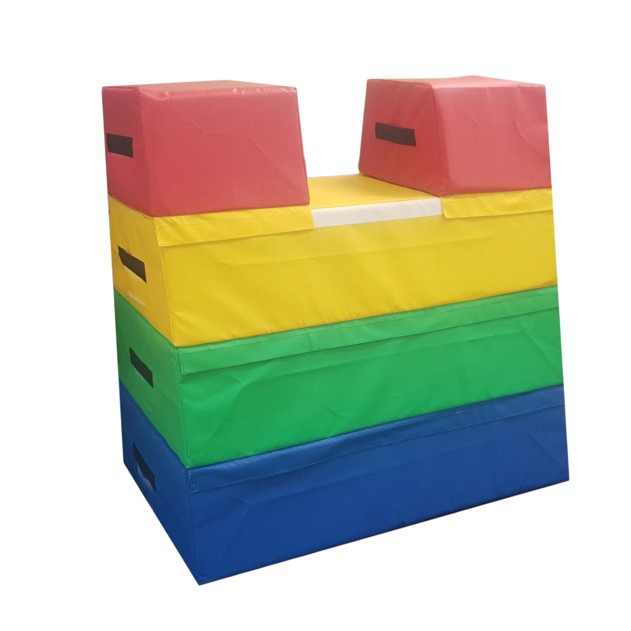 UK Gym Pits 4-tiered multi-coloured foam vault box with a triple-section top for gymnastics training.