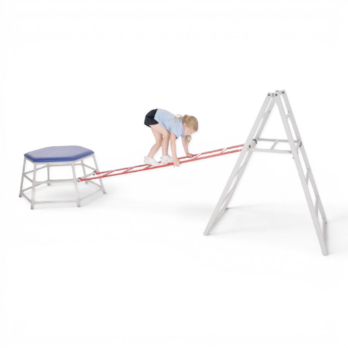 UK Gym Pits silver aluminium folding agility trestle used in a gymnastic bridging station with a child climbing