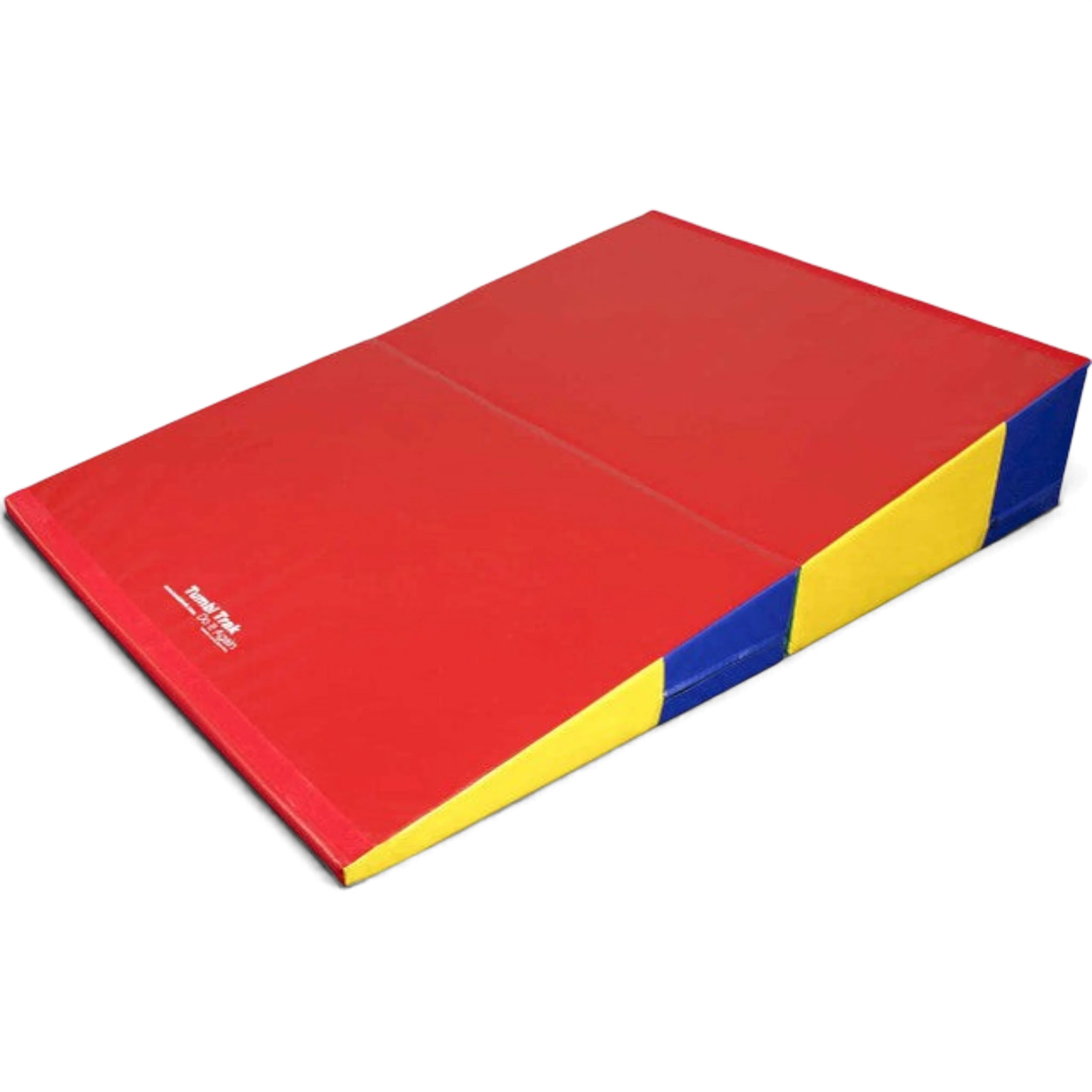UK Gym Pits folding incline gymnastics mat in red, yellow, and blue vinyl for tumbling and skill training