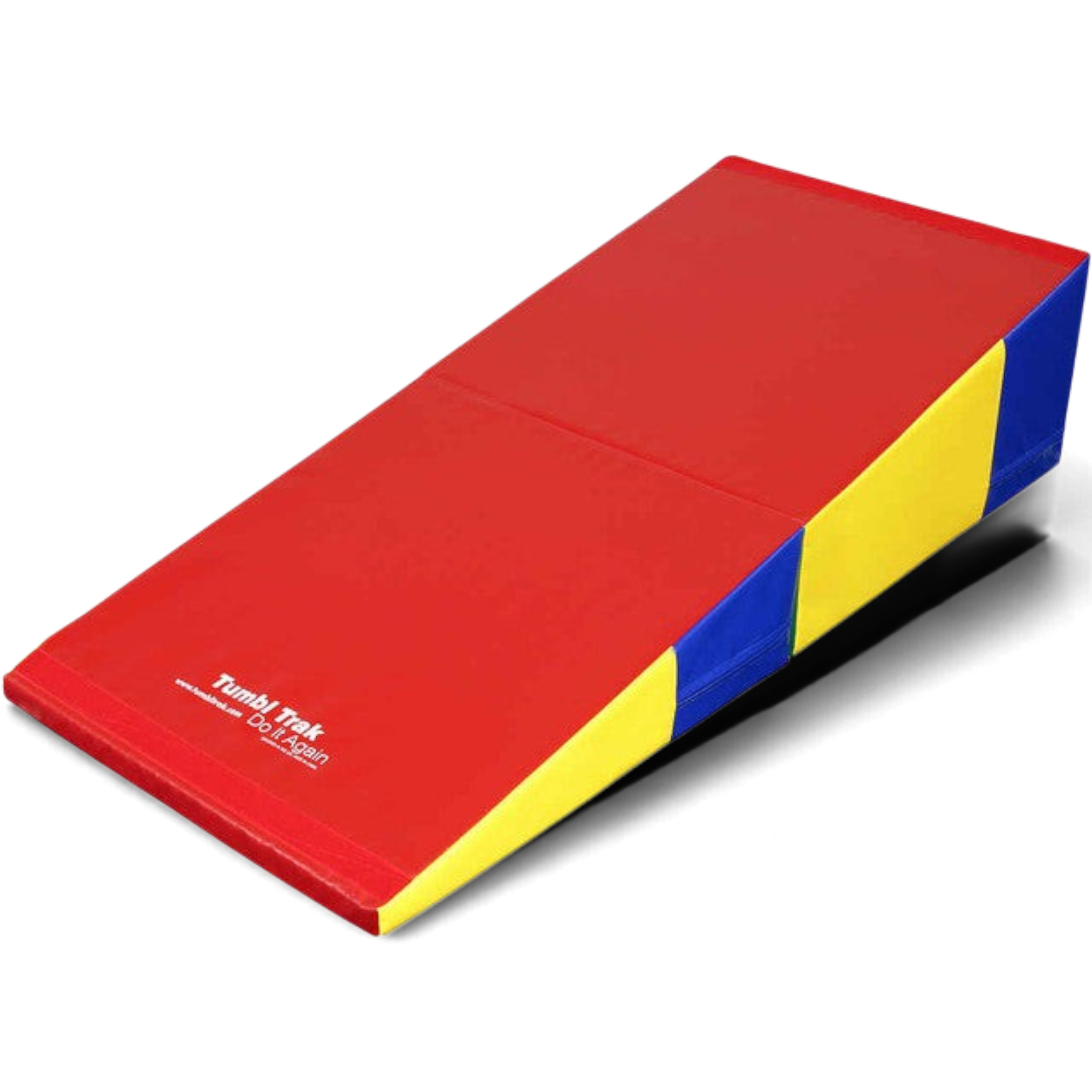 UK Gym Pits folding incline gymnastics wedge mat in red, yellow, and blue vinyl for tumbling and skill training
