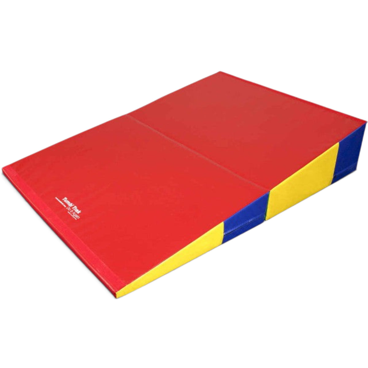 UK Gym Pits folding incline gymnastics wedge mat in red, yellow, and blue vinyl for tumbling and skill training.