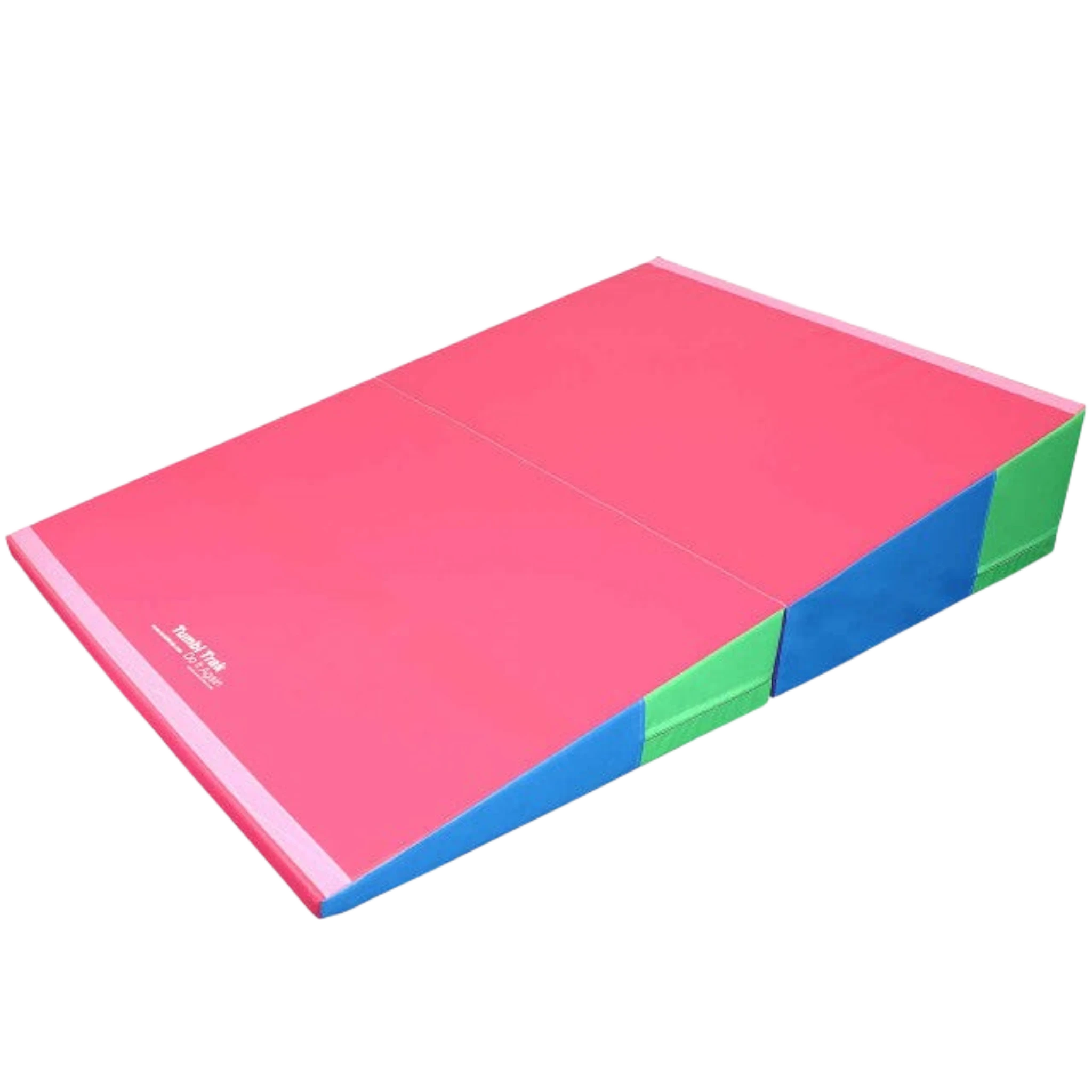 UK Gym Pits folding incline tumbling mat in pink, blue, and green vinyl for gymnastics and cheer training