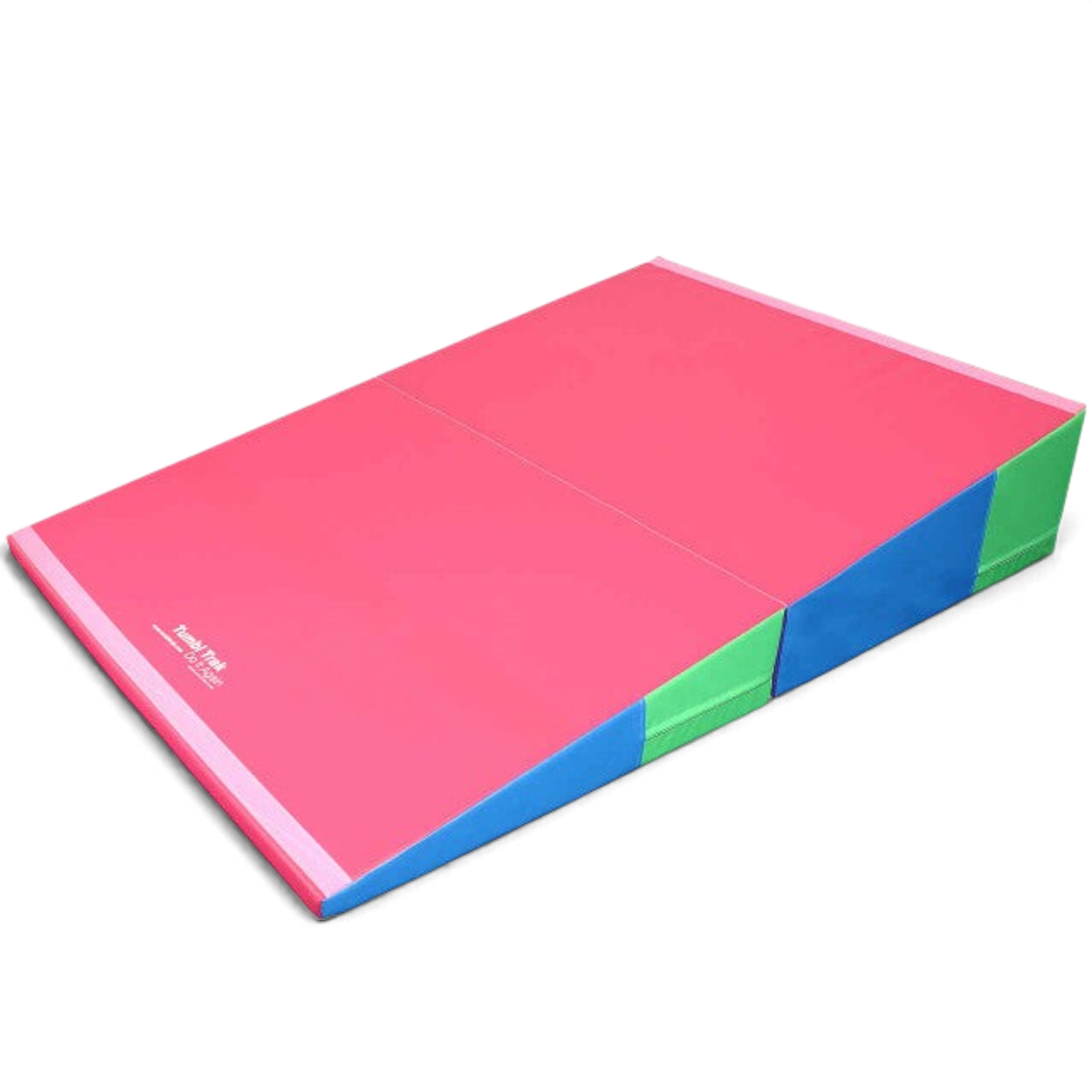 UK Gym Pits folding gymnastics incline wedge mat in pink, blue, and green vinyl for tumbling and skill training