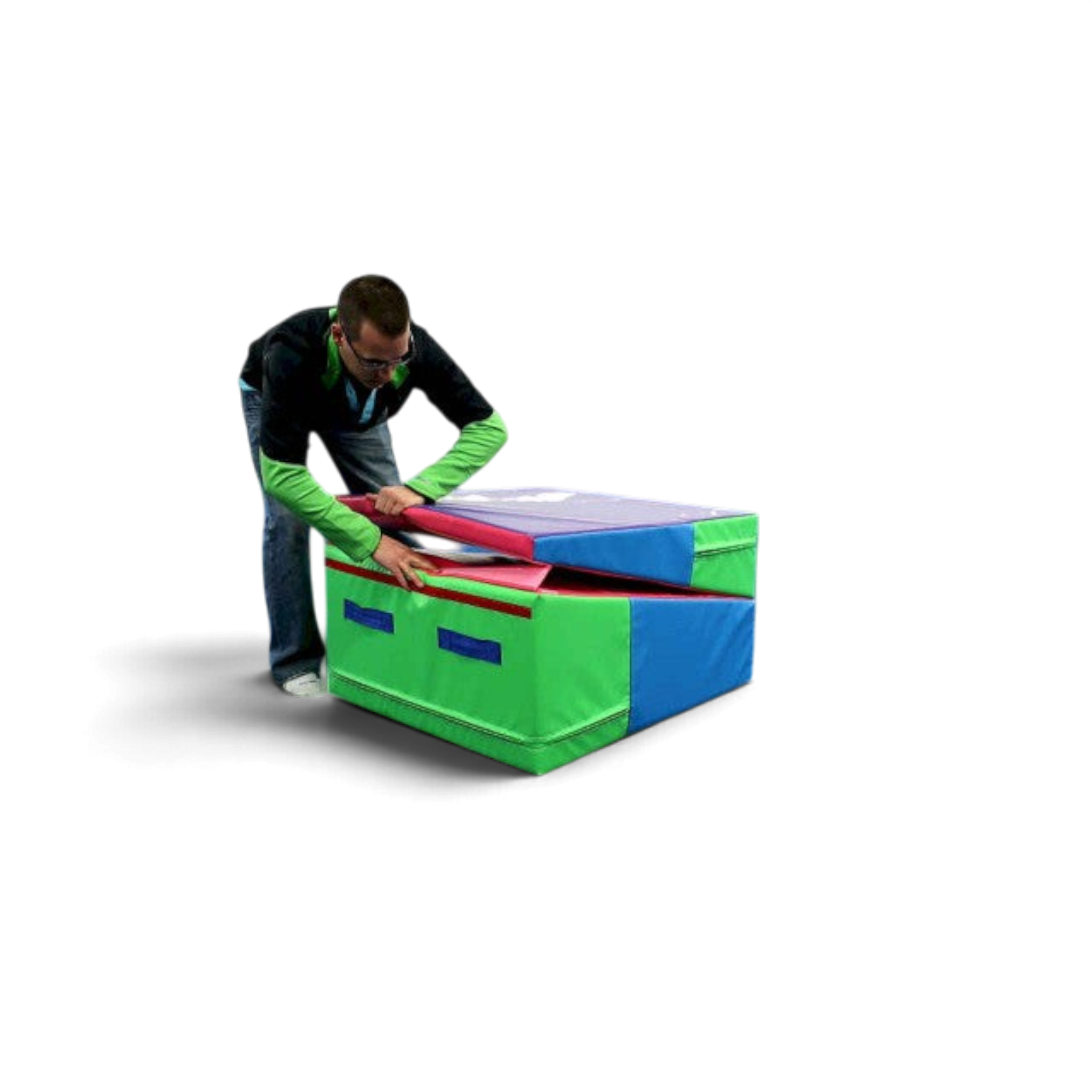 UK Gym Pits folding gymnastics incline wedge mat in multi-coloured vinyl being folded by a man