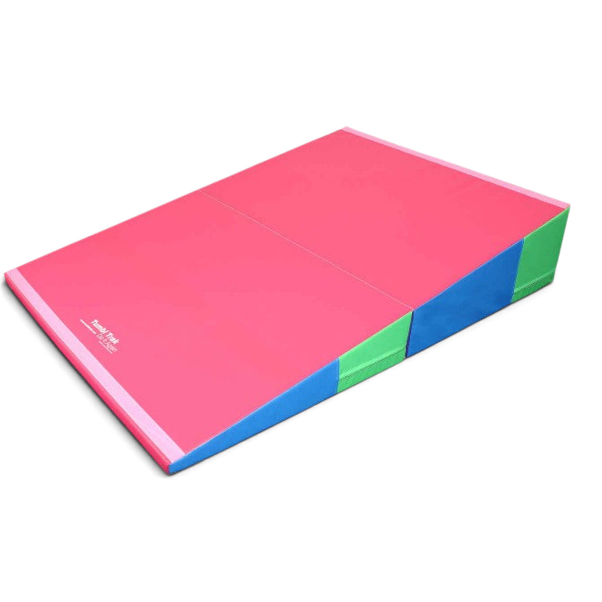 UK Gym Pits folding incline wedge mat in pink, blue, and green vinyl for gymnastics and cheer training.