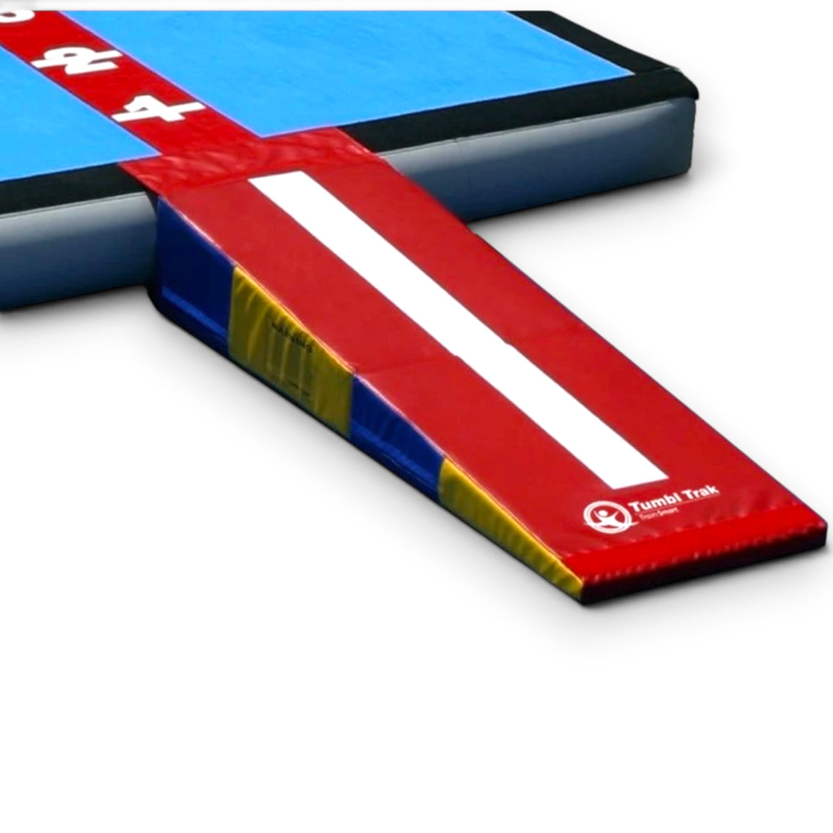 UK Gym Pits folding mini ramp in red, blue, and yellow vinyl, connected to a blue gym mat for preschool gymnastics.