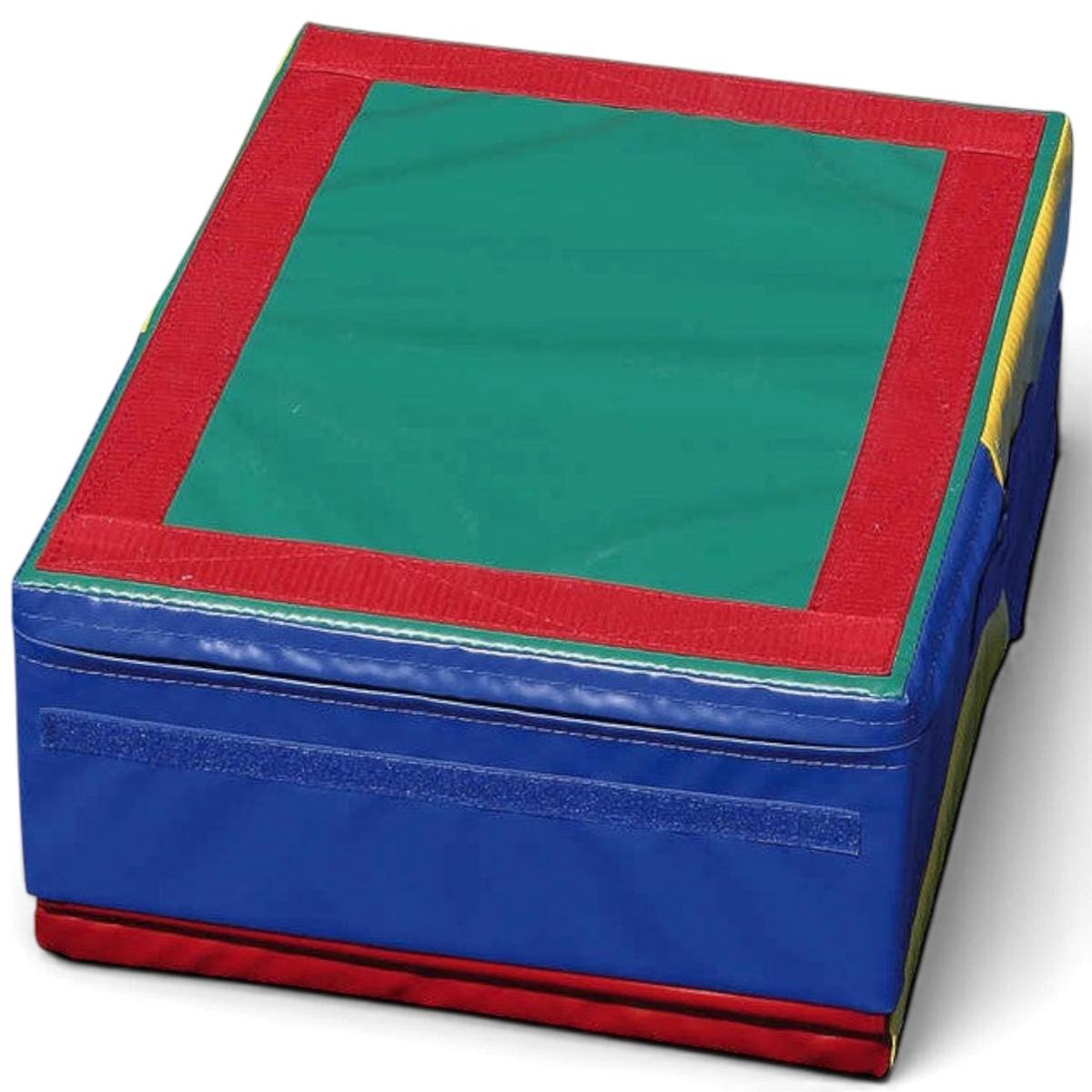 UK Gym Pits folding mini ramp in blue, green, and red vinyl, used as a gymnastics training block for children.