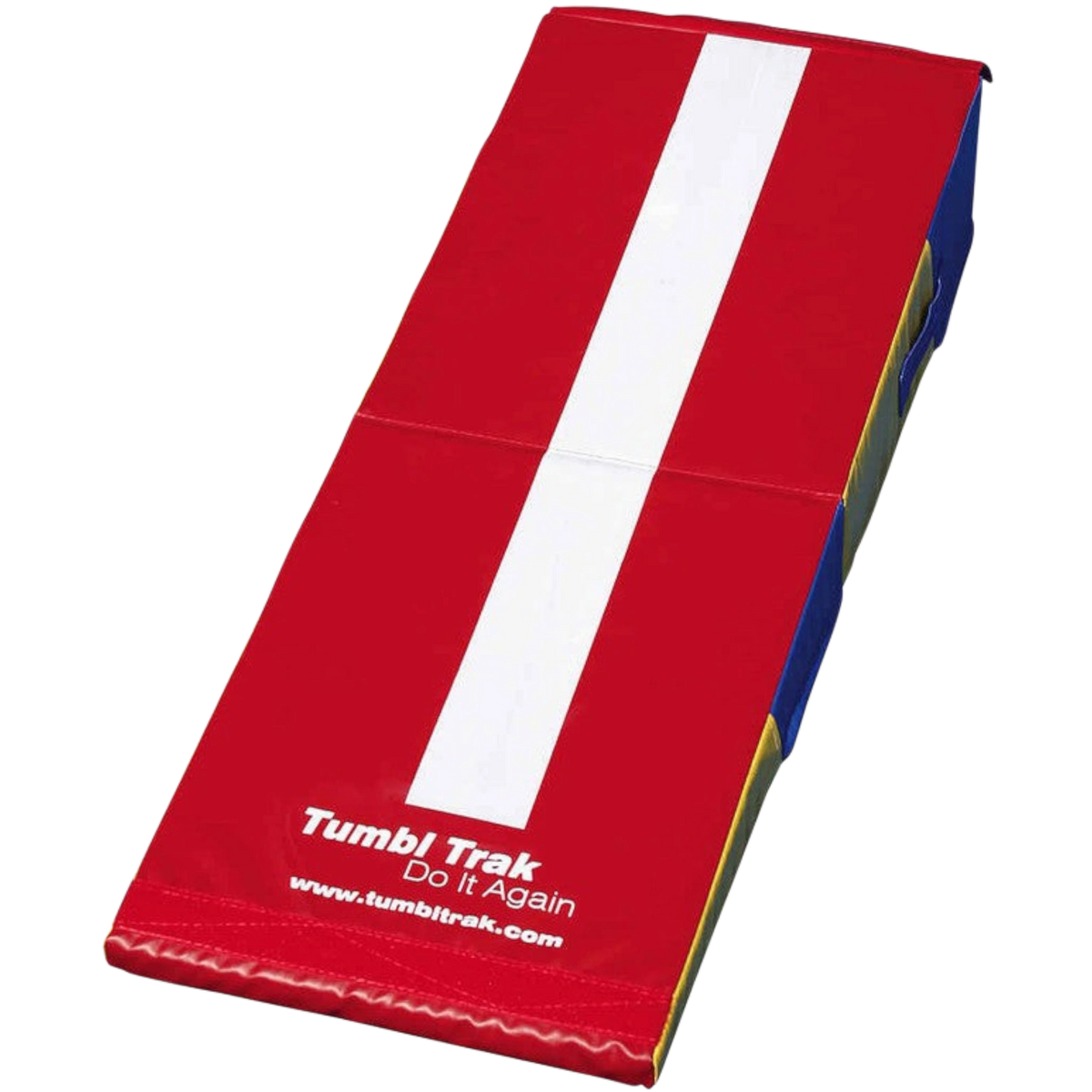 UK Gym Pits folding mini ramp in red, blue, and yellow vinyl for preschool gymnastics training