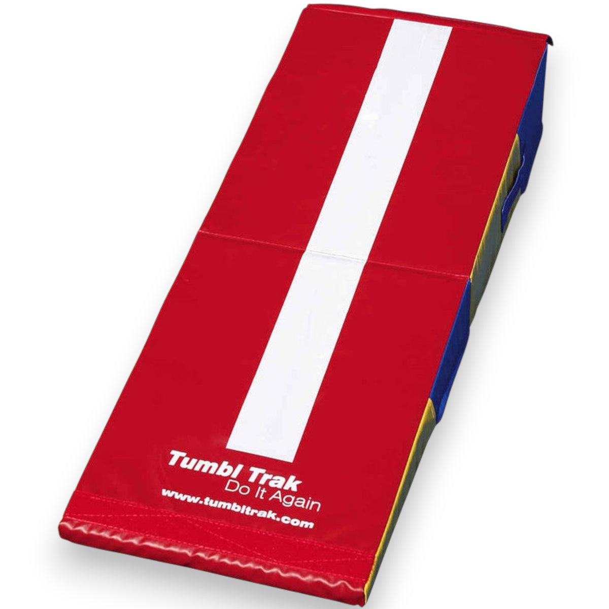 UK Gym Pits folding mini ramp for preschoolers in red, blue, and yellow vinyl with a white center stripe