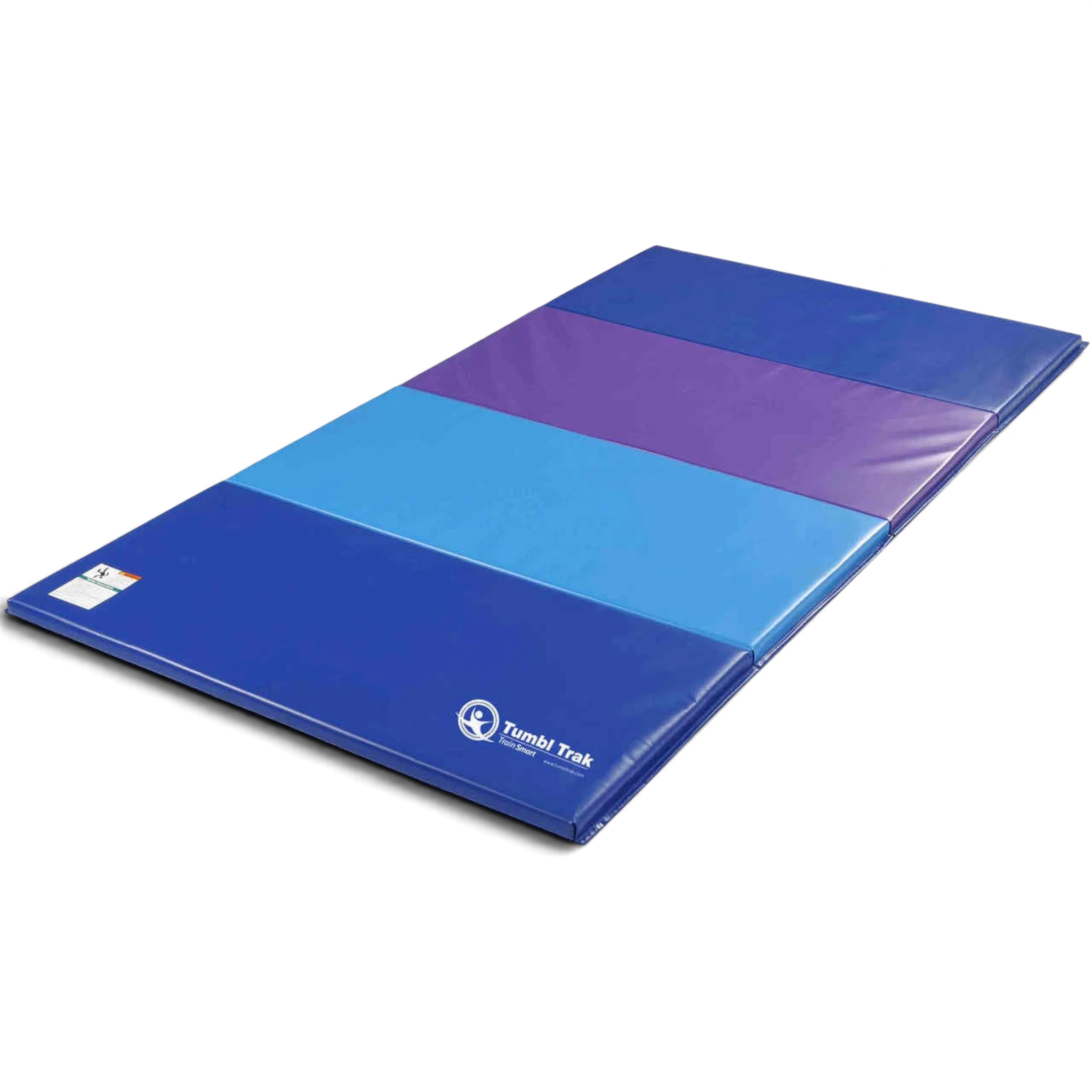 UK Gym Pits folding tumbling mat with blue and purple panels for gymnastics and exercise on a black background