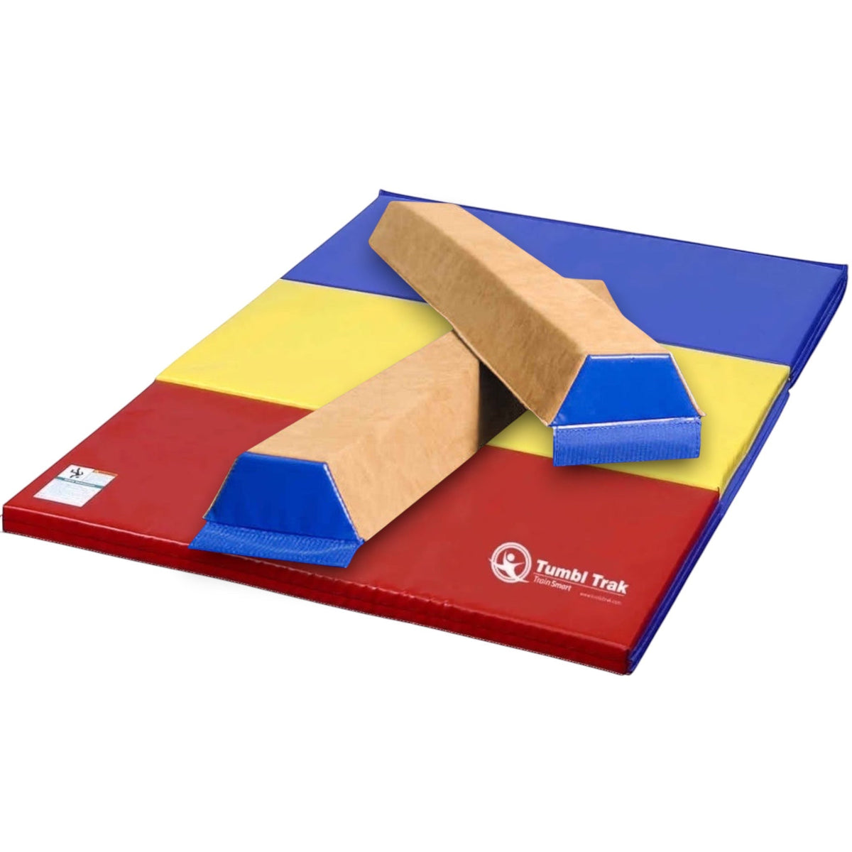 UK Gym Pits folding tumbling mat with red, yellow, and blue vinyl panels for gymnastics and floor exercise training.