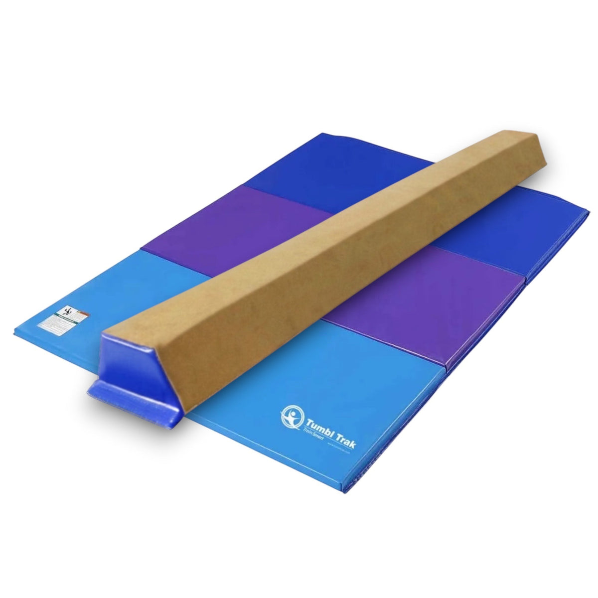UK Gym Pits folding tumbling mat with blue and purple vinyl panels for gymnastics and floor exercise training