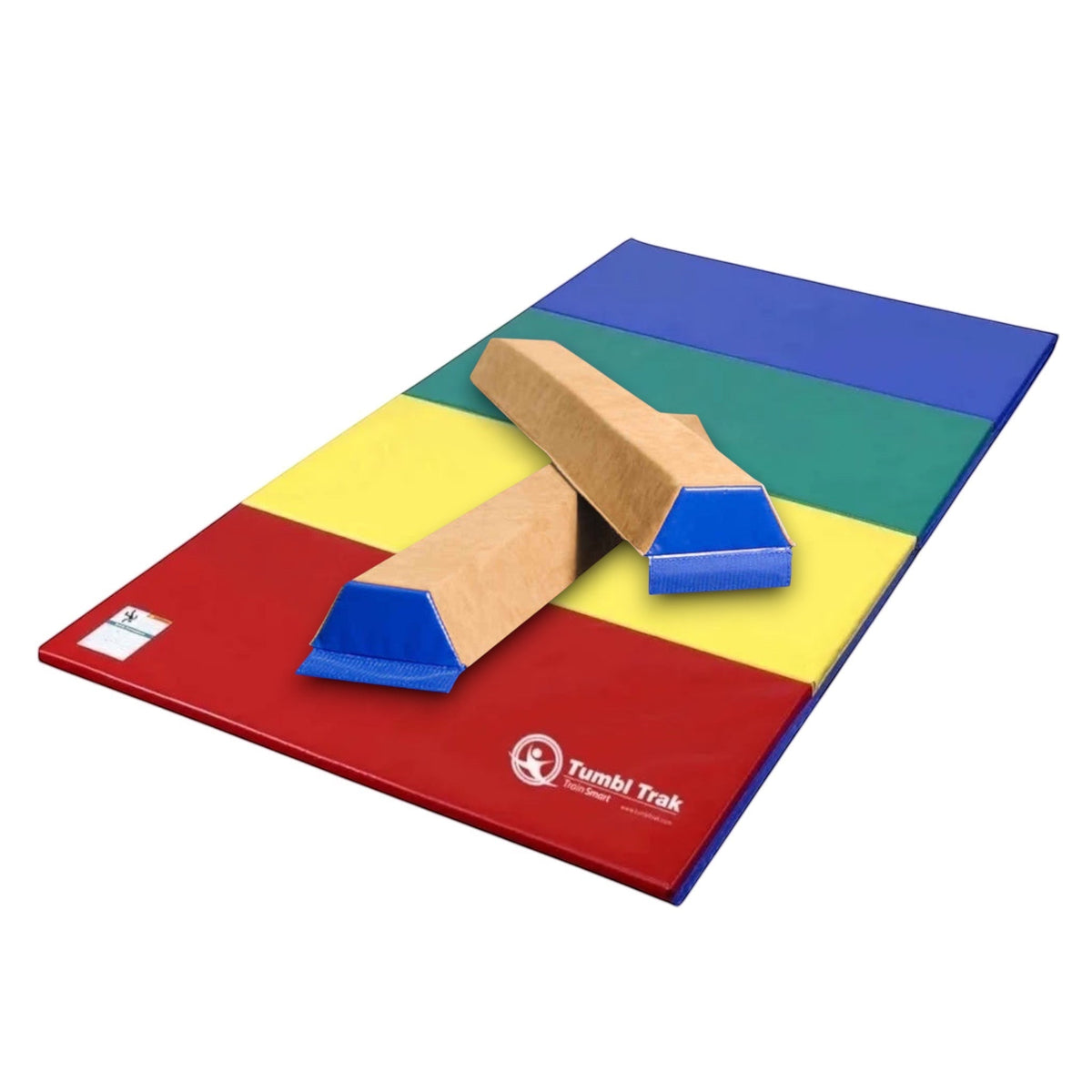 UK Gym Pits multi-coloured folding tumbling mat for gymnastics practice on a white background