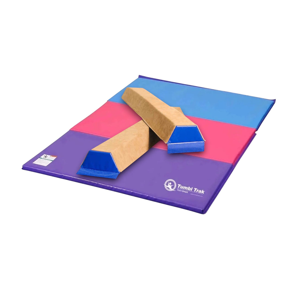 UK Gym Pits folding tumbling mat with blue, pink, and purple vinyl panels for gymnastics training