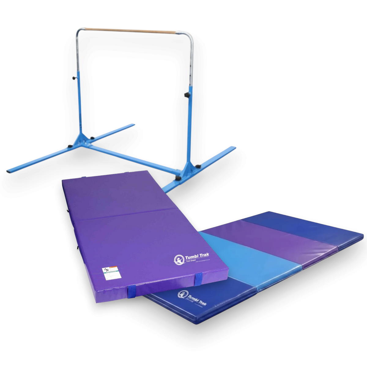UK Gym Pits multi-coloured folding tumbling mat with blue and purple vinyl panels for gymnastics and floor exercise