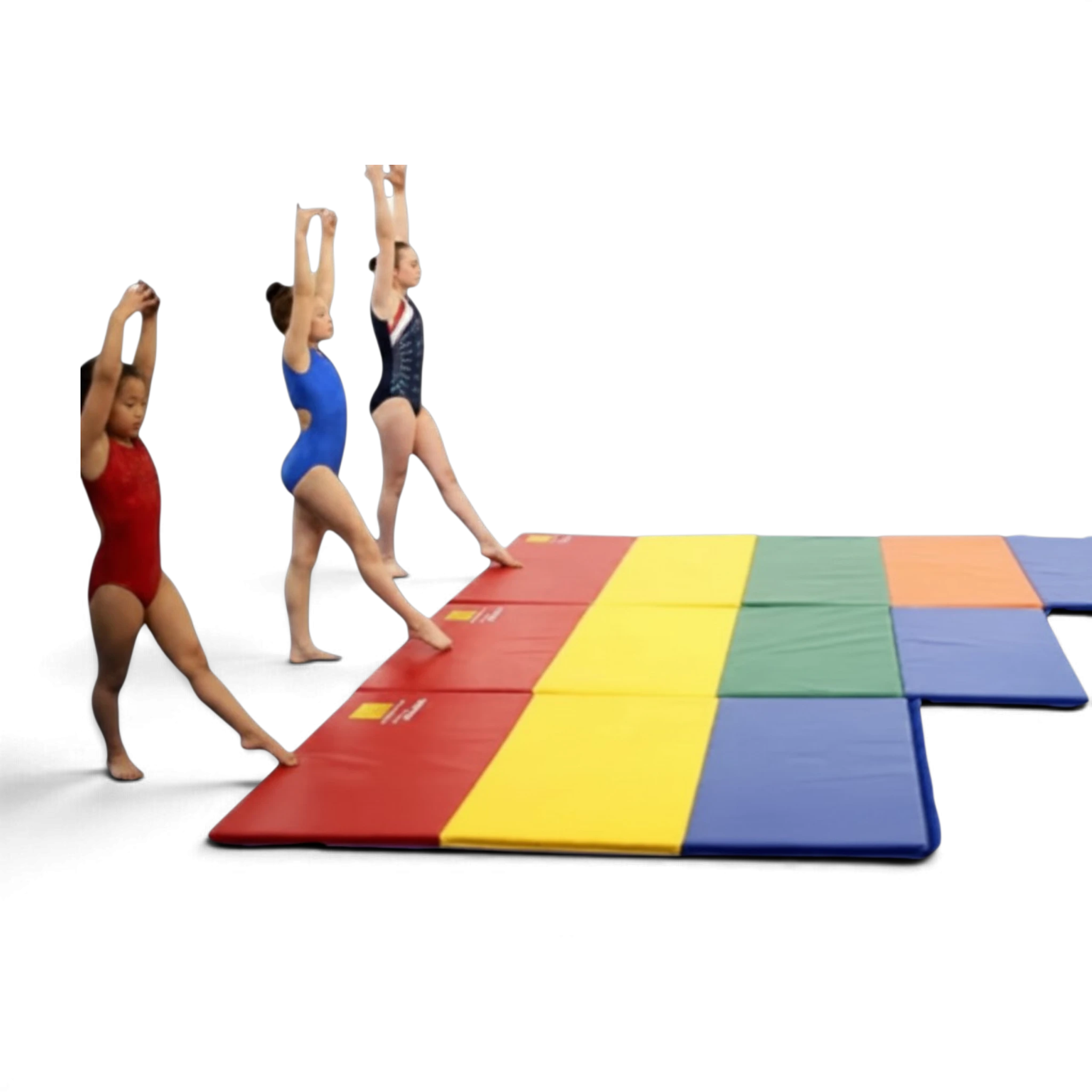 UK Gym Pits multi-coloured folding panel tumbling mats with three gymnasts performing poses on the surface
