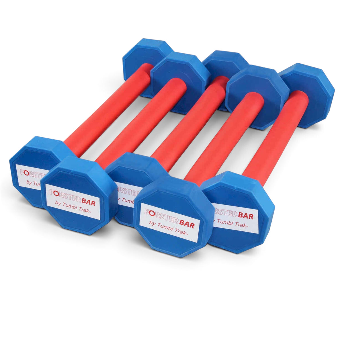 UK Gym Pits Forster Bar set featuring red foam-padded bars with blue octagonal rubber ends for gymnastics training.