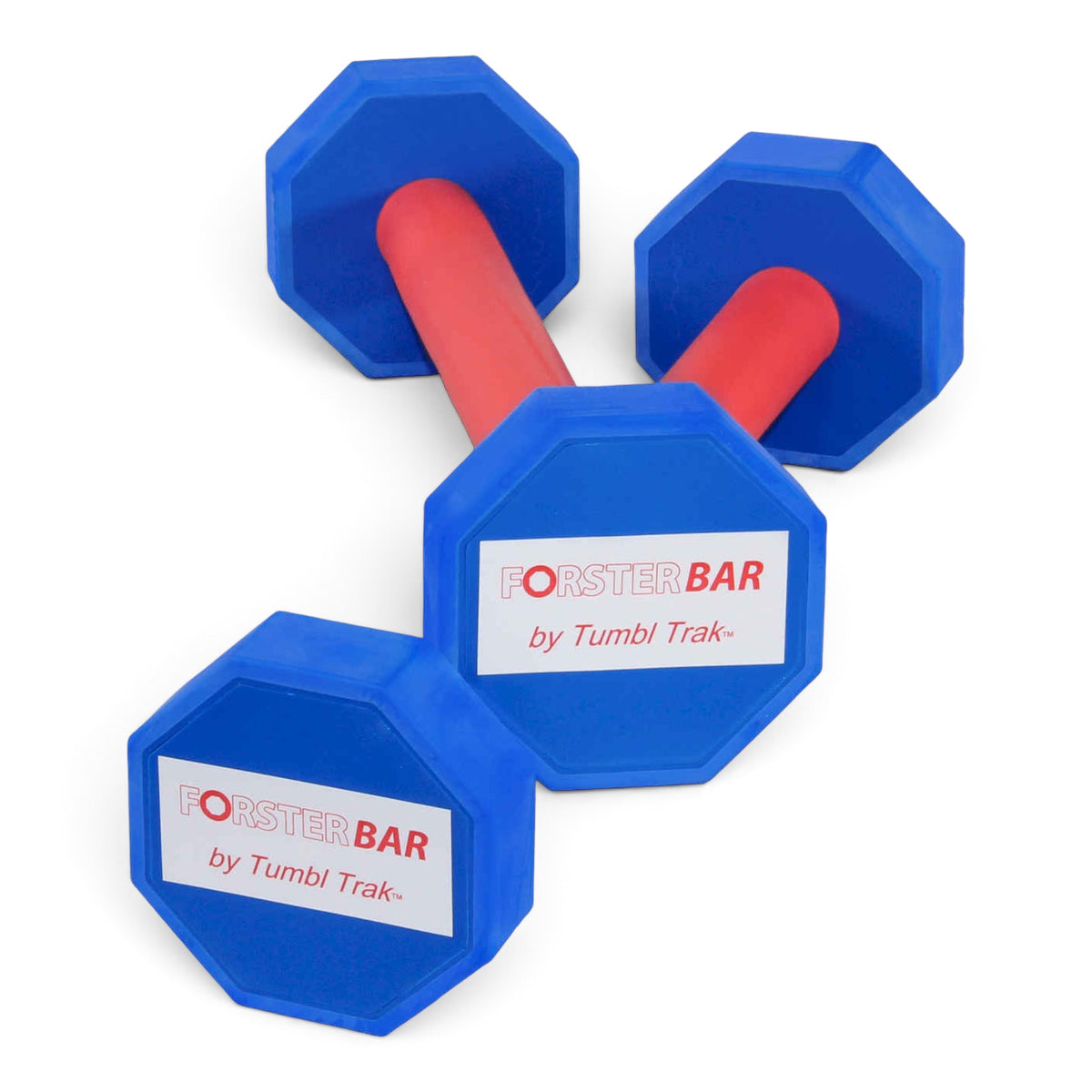 UK Gym Pits Forster Bar training aid with blue octagonal rubber ends and a red foam padded grip for gymnastics skills.