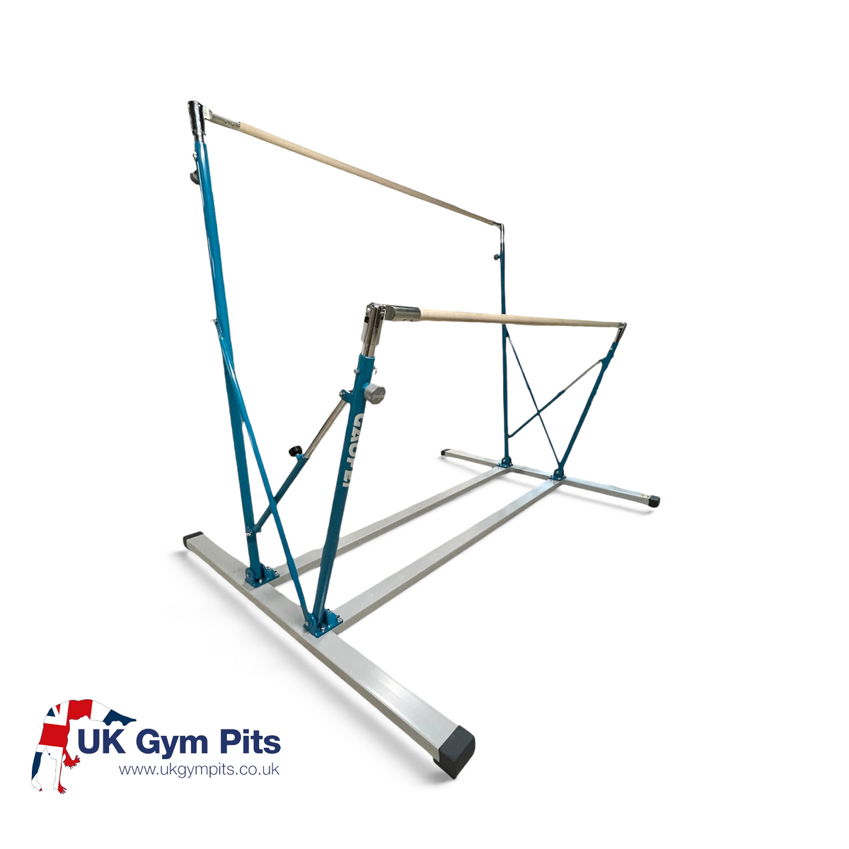 UK Gym Pits Gaofei freestanding asymmetric training bars with blue steel frame and wooden handrails for junior gymnasts