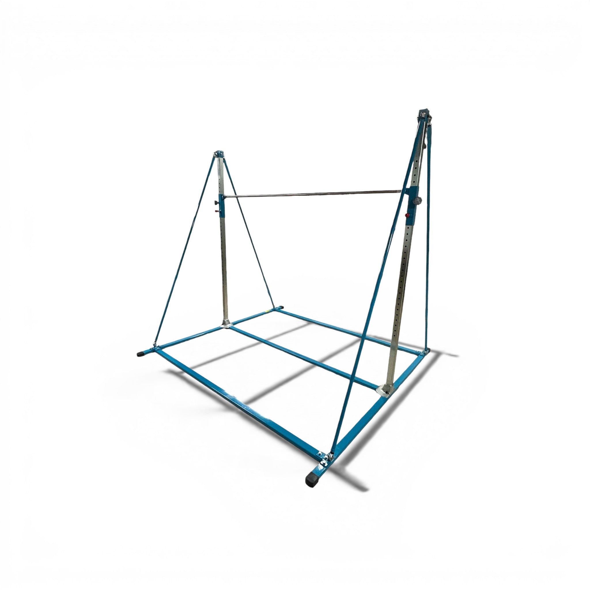 UK Gym Pits freestanding high bar for junior gymnastics training with a blue powder-coated steel frame