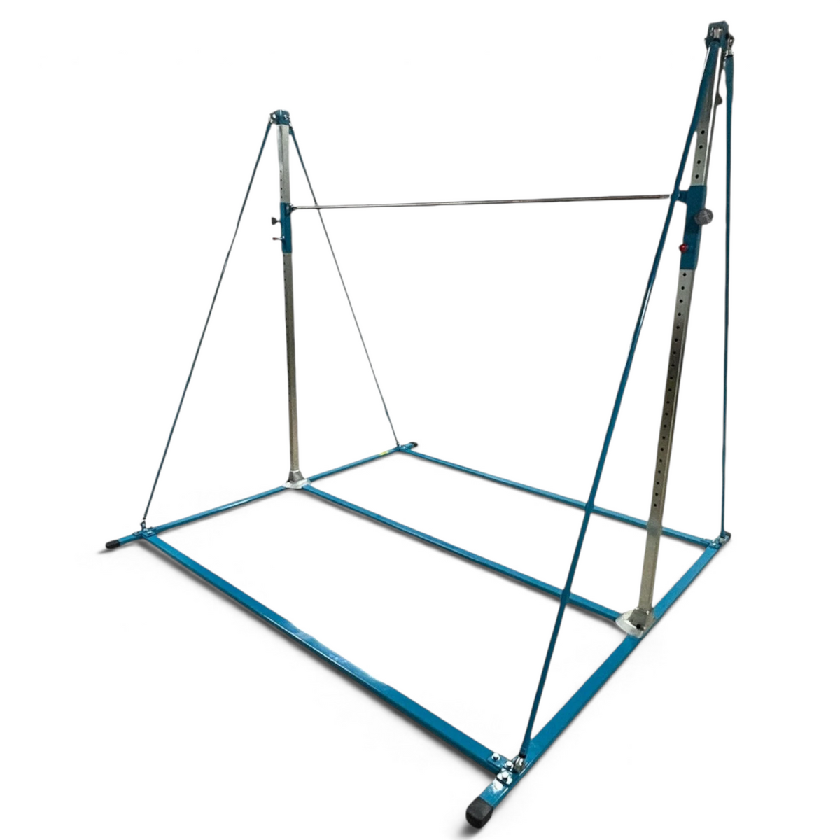 UK Gym Pits freestanding high bar for junior gymnasts with a blue powder-coated steel frame and adjustable metal handrail.