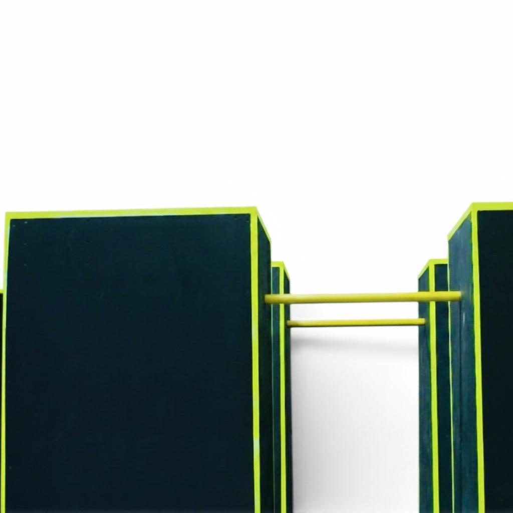 UK Gym Pits freestyle urban gym parkour blocks with black surfaces and bright yellow trim and connecting swing bars