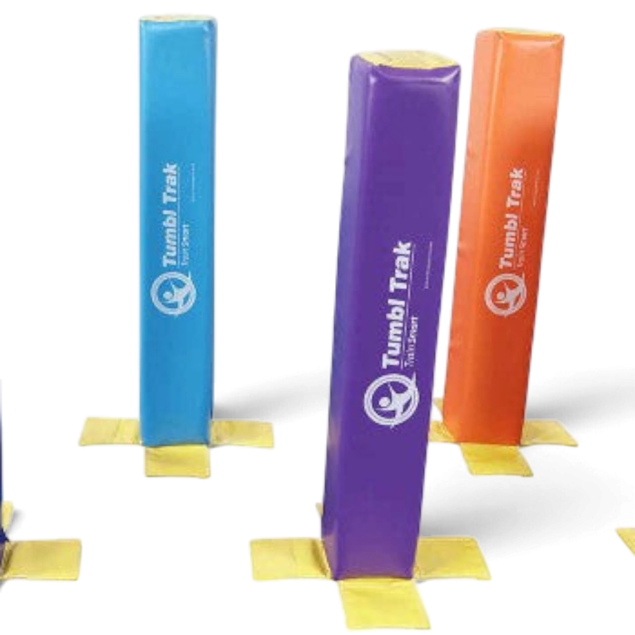 UK Gym Pits Fun Sticks in blue, purple, and orange vinyl foam for gymnastics handstand training on a black background