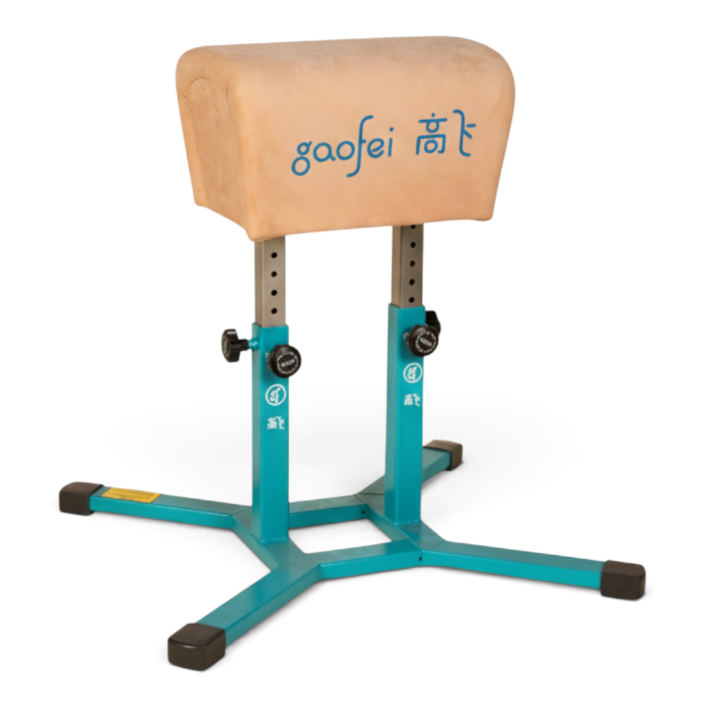 UK Gym Pits Gaofei height adjustable gymnastics buck horse with tan leatherette body and teal steel base