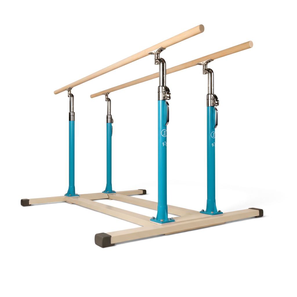 UK Gym Pits Gaofei adjustable parallel training bars with blue steel frame and wooden bars on a white background