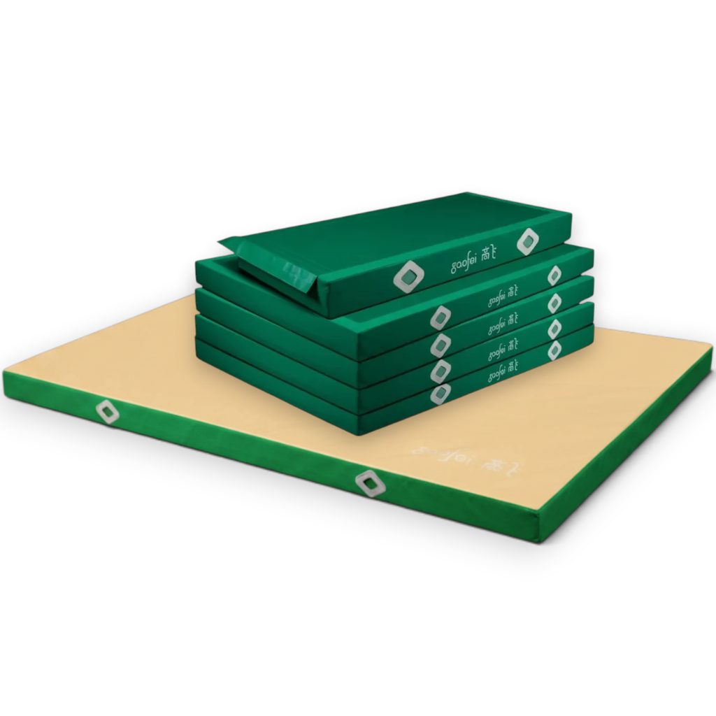 UK Gym Pits FIG approved green and beige asymmetric bars landing mats with non-slip base and Velcro locking system