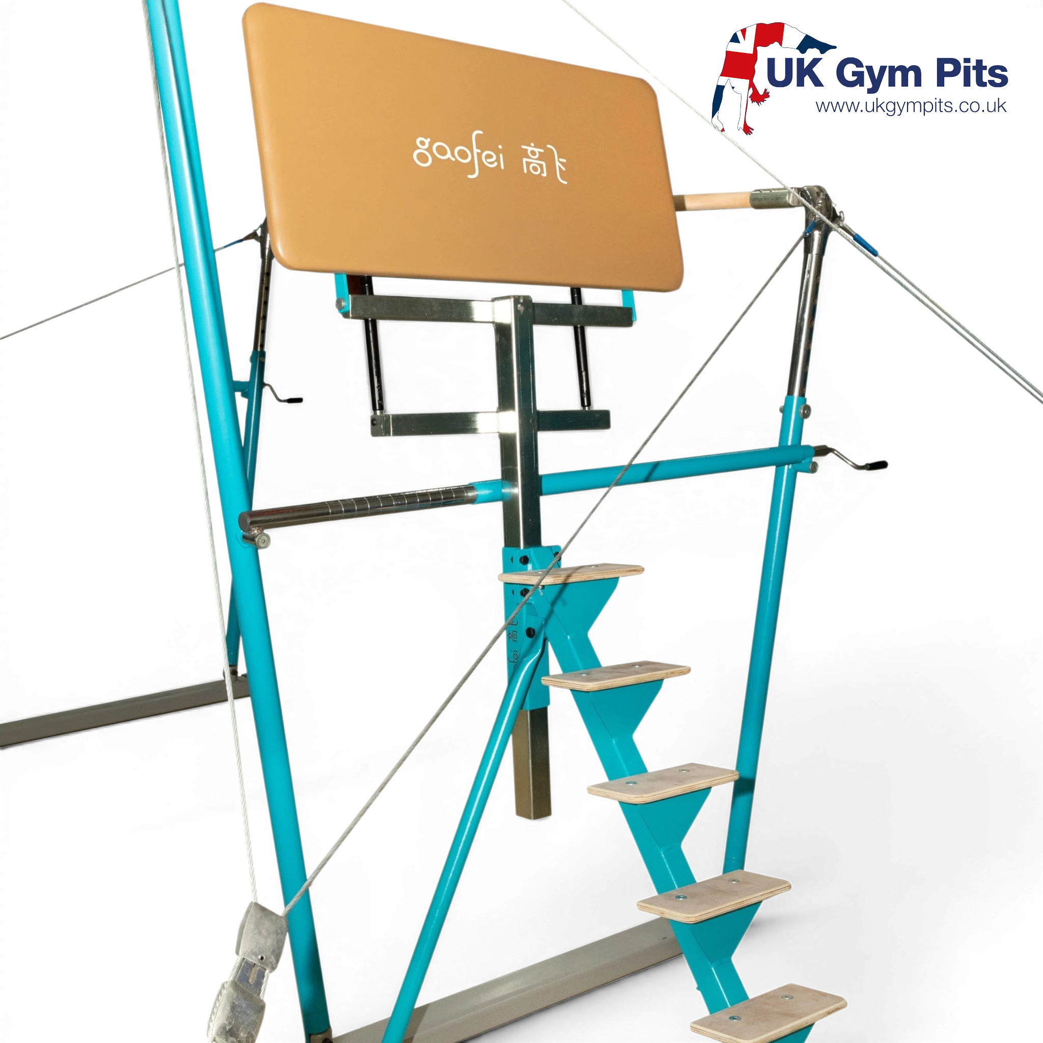 UK Gym Pits Gaofei asymmetric bars spotting platform with blue steel frame, ladder, and tan padded platform